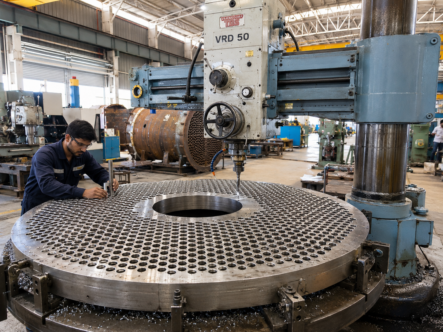 Operator inspecting tubesheet on radial drill machine at Dipsha Industries