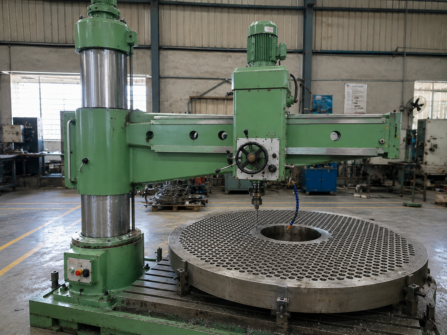 Heavy-duty radial drill machine setup for tubesheet drilling job work
